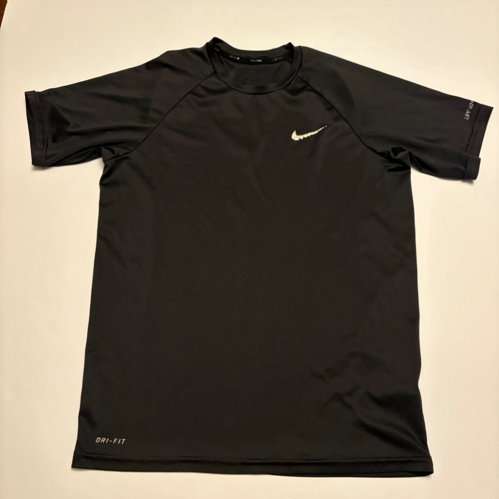 Nike Swim Rash Guard Mens L Black Dri-FIT UPF 40+ Short Sleeve Shirt